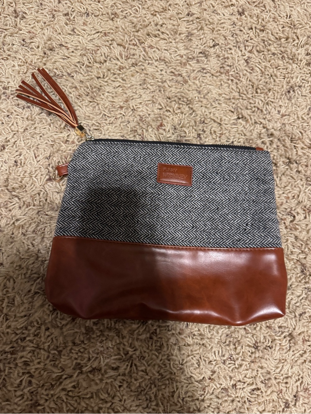 Fossil Brown Leather & Gray Herringbone Toiletry Pouch